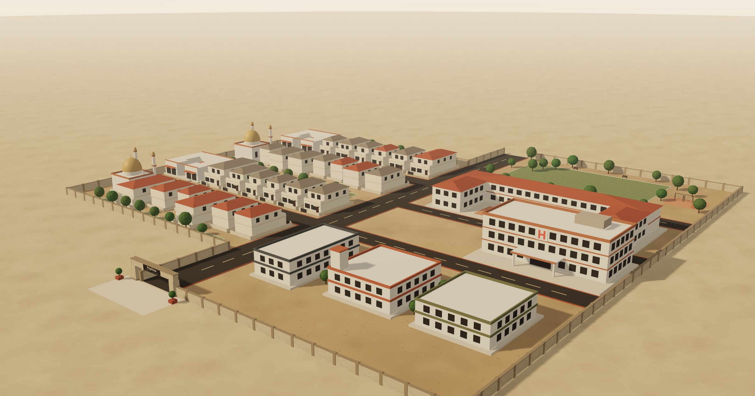 Golden-hour aerial of PropVerse Town 01: two residential streets of bungalows, masjids and markets beside a civic block with school, hospital and park.